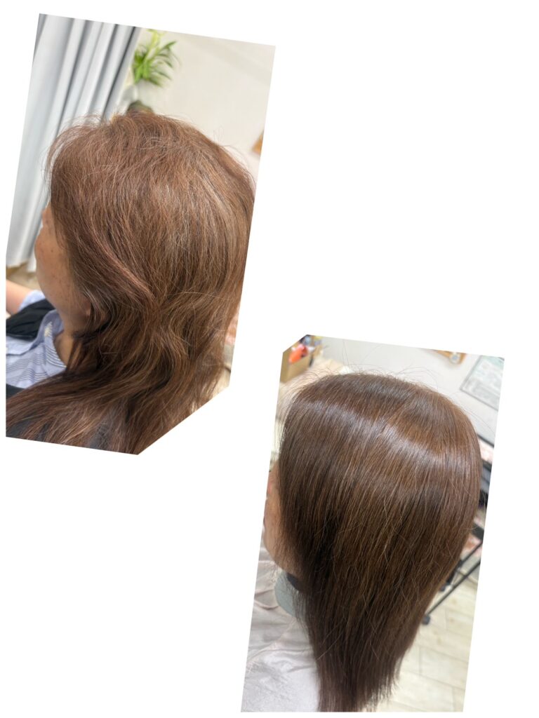 部分縮毛矯正(ツムジ後ろからイヤーツーイヤー前部分)＋カラーリング